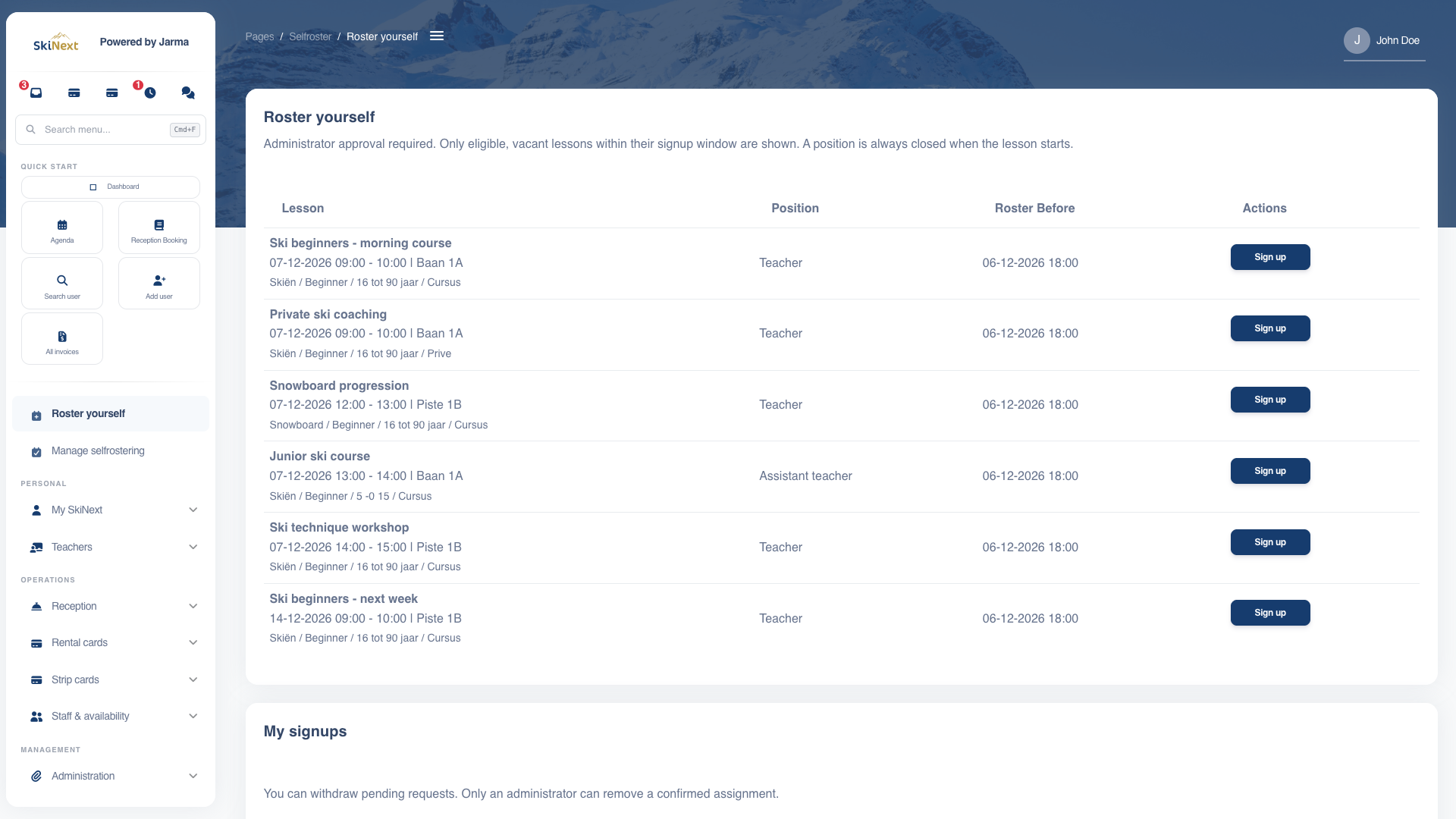 Desktopoverzicht waarin leraren zichzelf aanmelden voor geschikte lessen in SkiNext